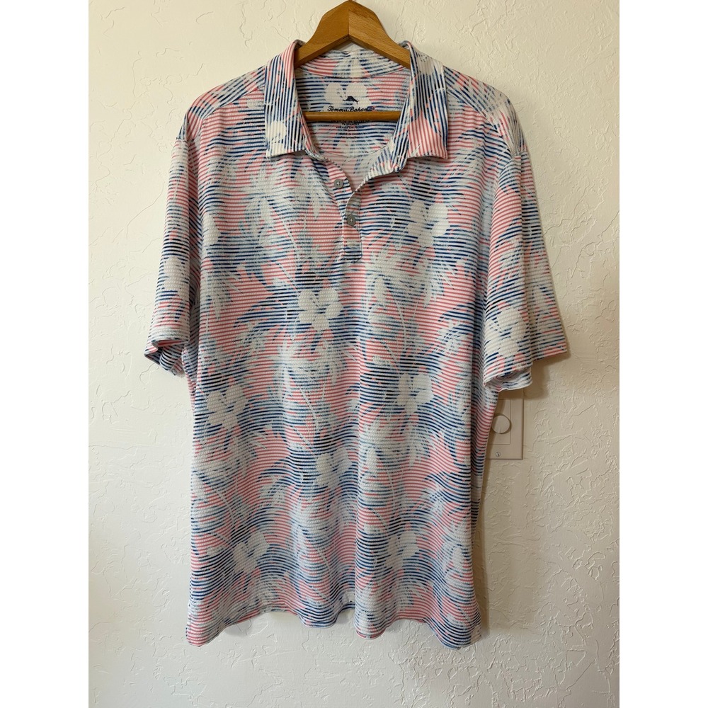 Tommy Bahama IslandZone Costa Wave Hibiscus XXL Polo Shirt Tropical Pink Blue